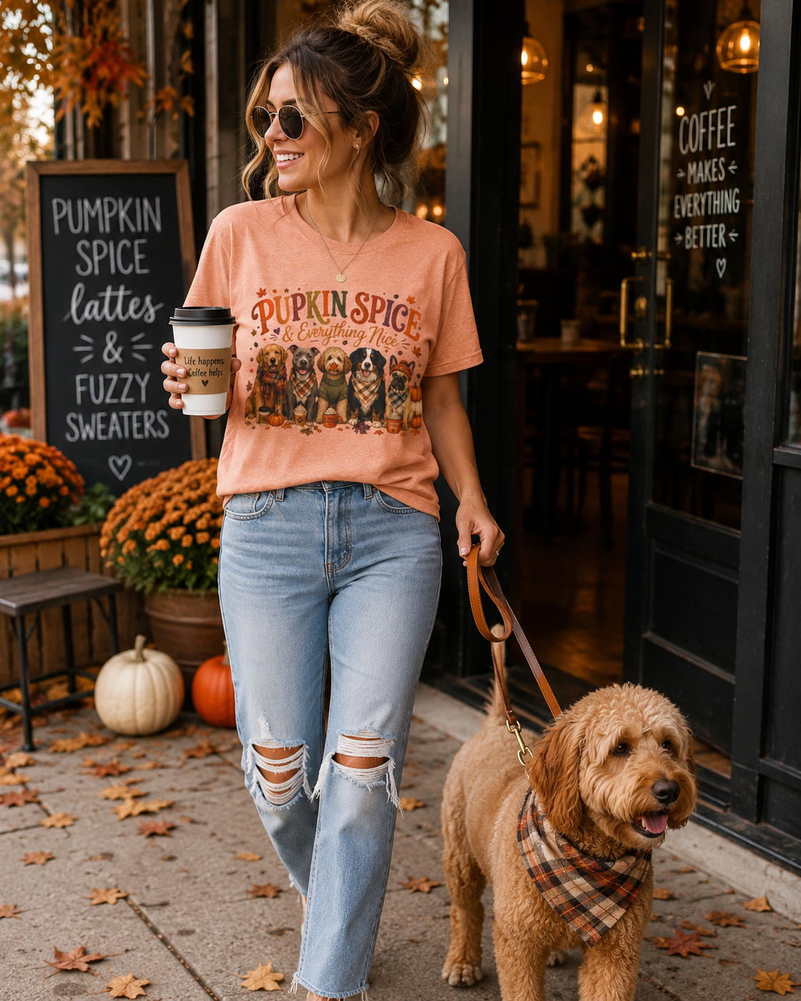 Pumpkin Spice & Everything Nice Dog Mom Shirt | Fall Dog Lover Tee | Cute Autumn Puppy Graphic T-Shirt | Cozy Dog Mom Gift
