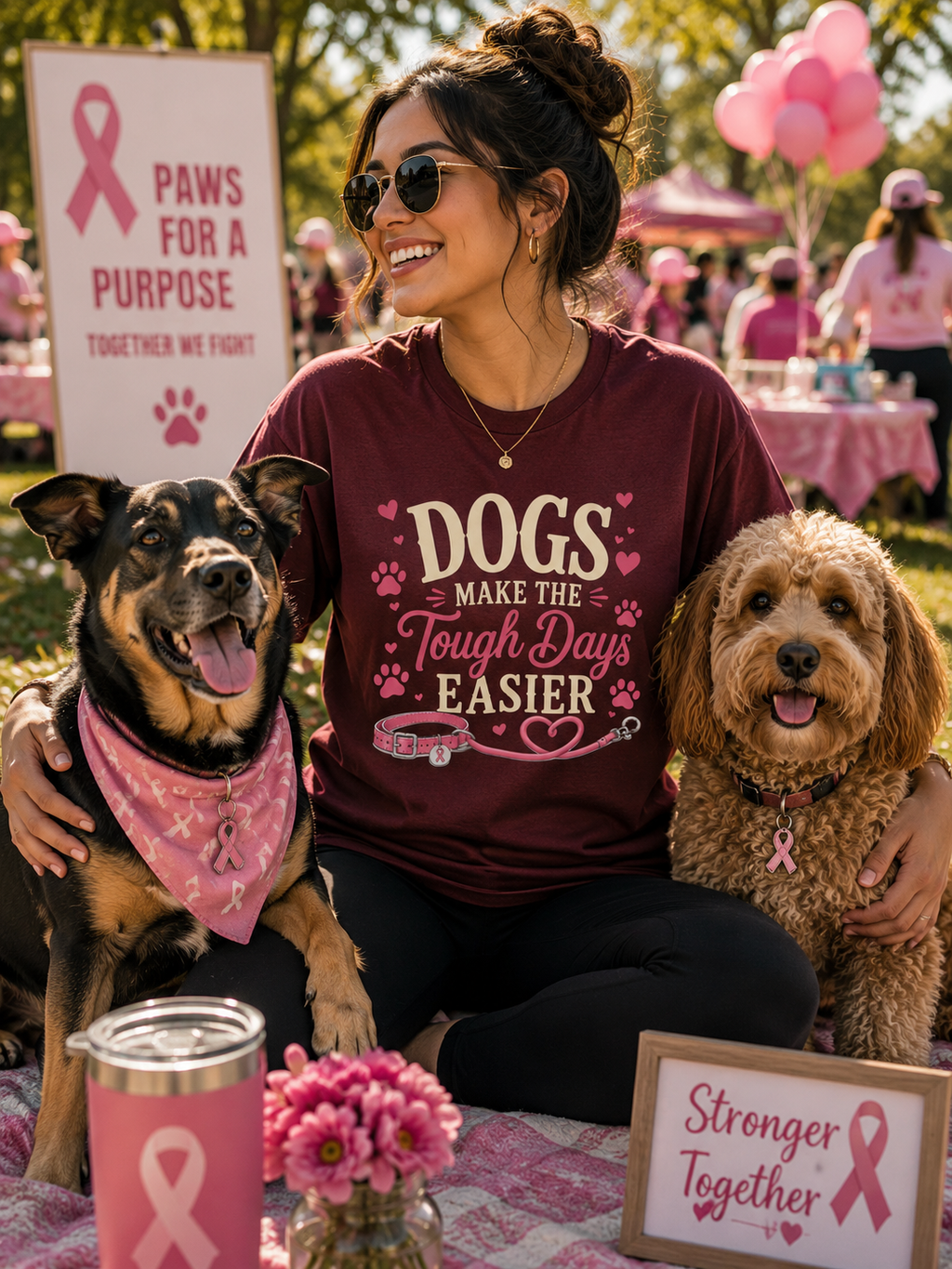 Dogs Make the Tough Days Easier Shirt | Breast Cancer Awareness Shirt | Dog Lover Pink Ribbon Tee | Breast Cancer Support Gift