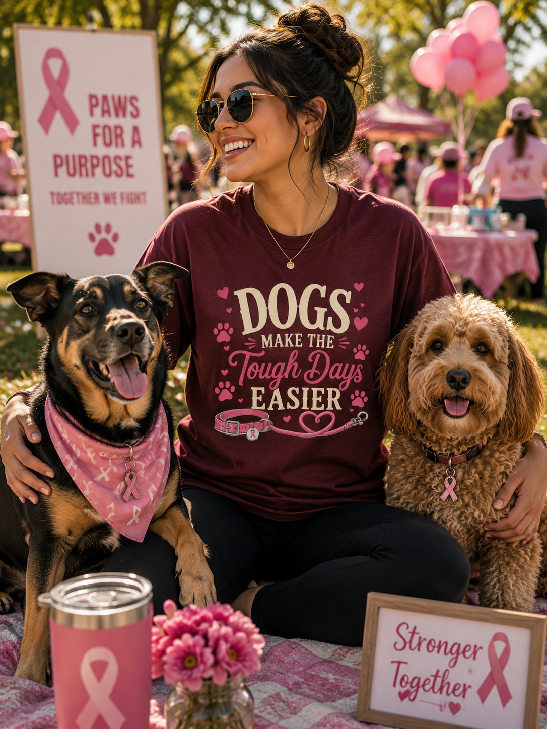 Dogs Make the Tough Days Easier Shirt | Breast Cancer Awareness Shirt | Dog Lover Pink Ribbon Tee | Breast Cancer Support Gift