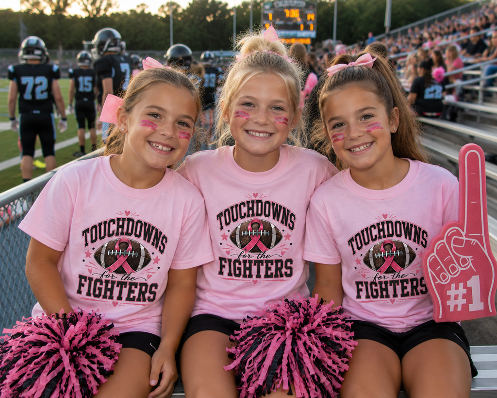 Kids Pink Out Football Shirt | Touchdowns for the Fighters Youth Tee | Breast Cancer Awareness Football Shirt | Pink Ribbon Game Day Tee