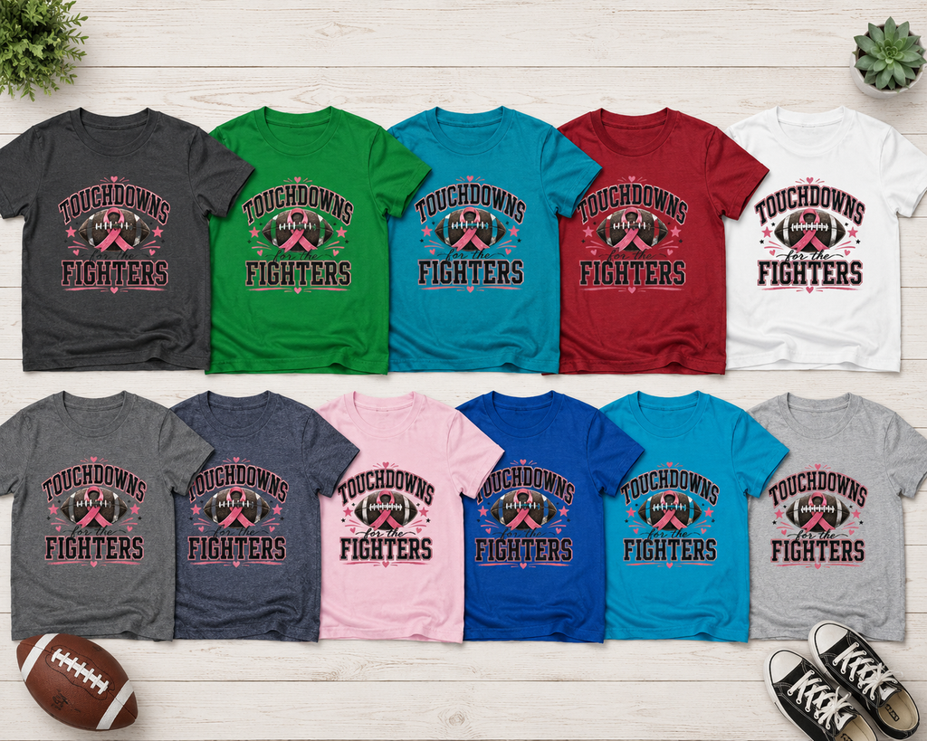 Kids Pink Out Football Shirt | Touchdowns for the Fighters Youth Tee | Breast Cancer Awareness Football Shirt | Pink Ribbon Game Day Tee