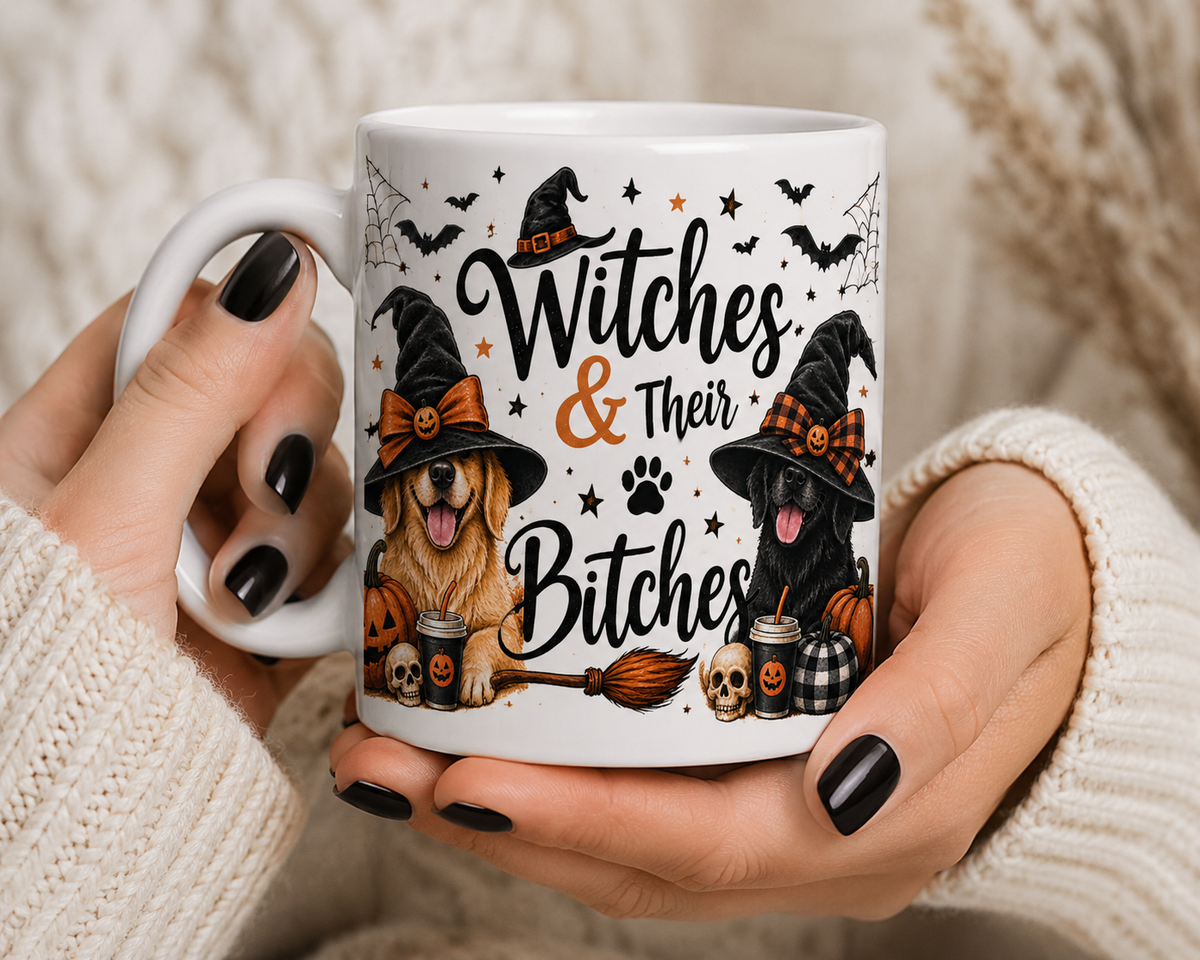 Witches & Their Bitches Mug, Halloween Dog Mom Coffee Mug, Funny Witch Mug, Spooky Season Mug, Dog Lover Gift, 11oz Ceramic Mug