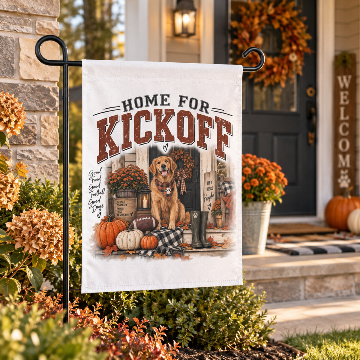 Home for Kickoff Garden Flag, Fall Football Decor, Dog Lover Outdoor Flag