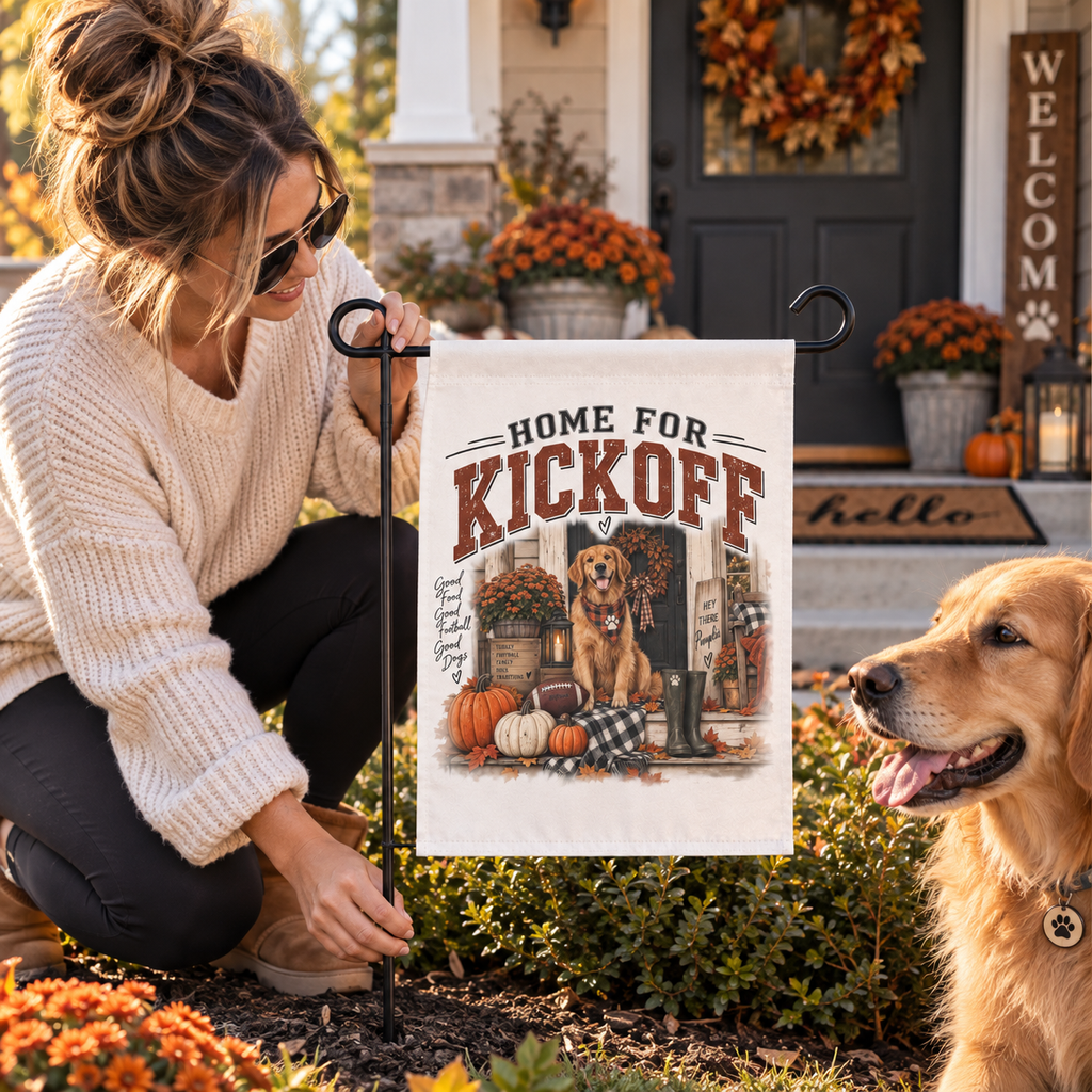 Home for Kickoff Garden Flag, Fall Football Decor, Dog Lover Outdoor Flag