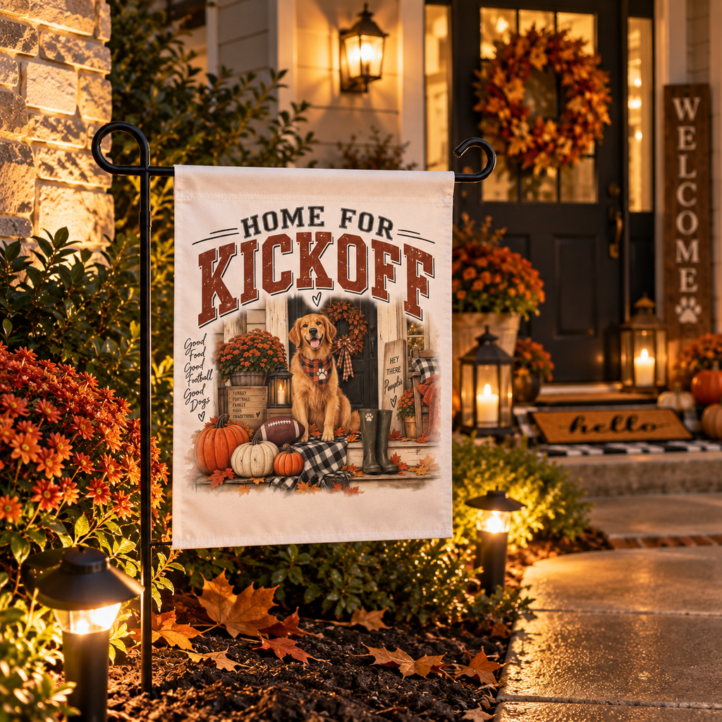 Home for Kickoff Garden Flag, Fall Football Decor, Dog Lover Outdoor Flag